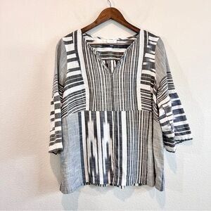 Pure Jill 100% Cotton Tunic Blouse Top L Gray White Stripe Ikat Boho Minimalist